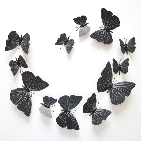12Pcs PVC Black Butterfly 3D Wall Decor