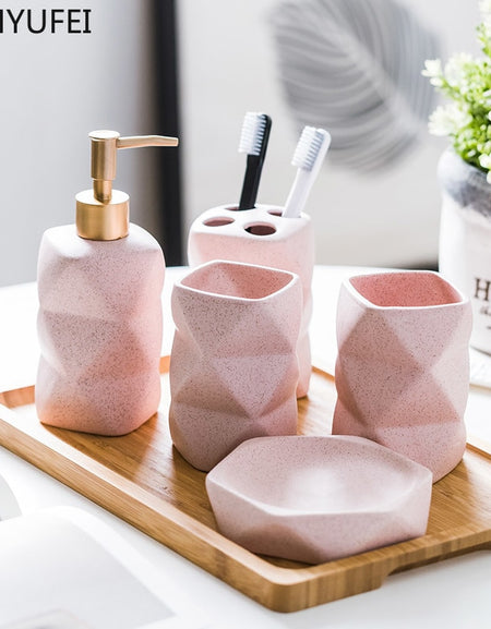 Geometric Pink Ceramic Bathroom Accessories