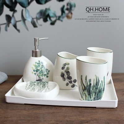 Nordic Green Plant Ceramic Bathroom Accessories